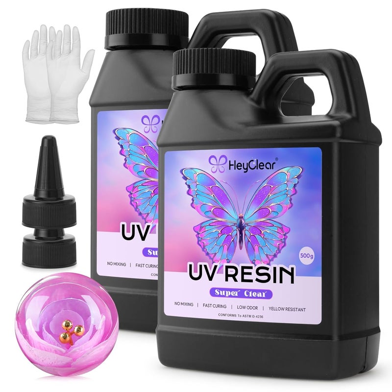 HeyClear 1000g UV Resin kit -Super Clear, Hard, Low Odor, Premixed UV Epoxy Fast Curing for Beginners Jewelry Making, DIY Crafts, Casting Coating and Resina Art - Image 1